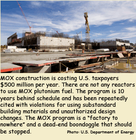 MOX construction is costing U.S. taxpayers $500 million per year. There are not any reactors to use MOX plutonium fuel.