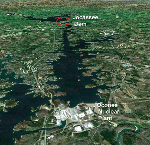 The three reactors at Duke Energy's Oconee are at risk of flooding and meltdown if the upstream Jocassee dam were to break.