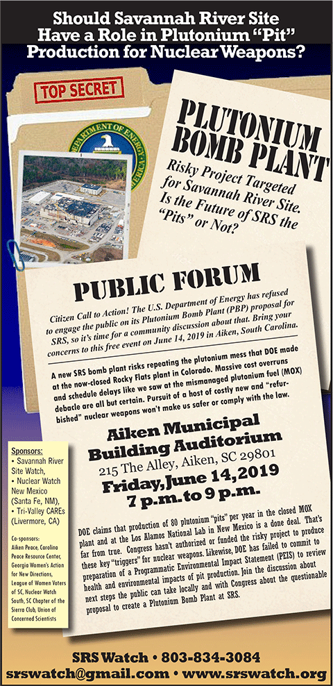 Nuclear Watch South joins coalition of groups to sponsor citizen's forum on plutonium in Aiken, SC, on June 14, 2019